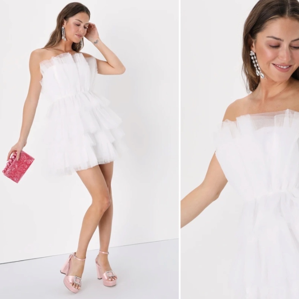 LULUS Bridal Bachelorette Engagement Bridal Shower Sexy Ruffles Strapless Mini